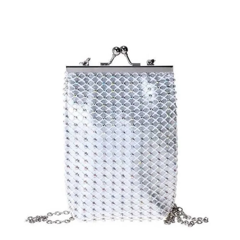 Women Kiss Lock Framed Silver Rhinestone Textured Design Crossbody Handbag